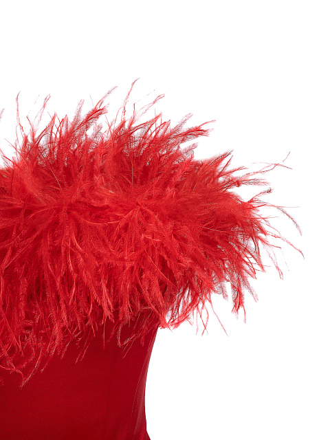 Красное платье-мини с боа из перьев, 3