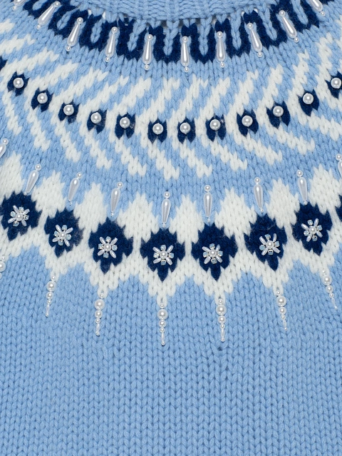 Голубой кашемировый свитер с узором и жемчугом, 3