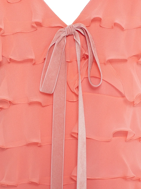 Коралловое платье-мини из шифона с воланами, 3