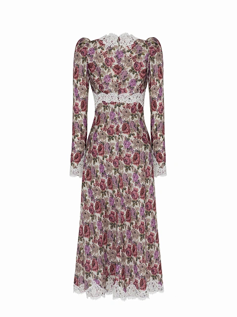 Бежевое платье-миди с цветочным принтом и белым кружевом, 2 Бежевое платье-миди с цветочным принтом и белым кружевом, 2