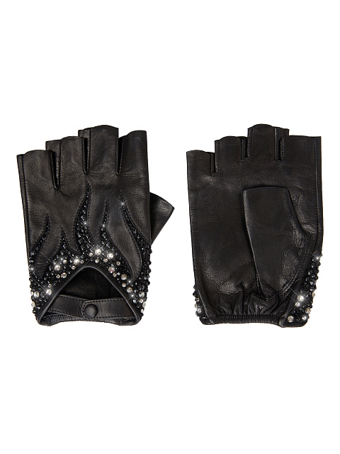 Черные кожаные перчатки со стразами, 2