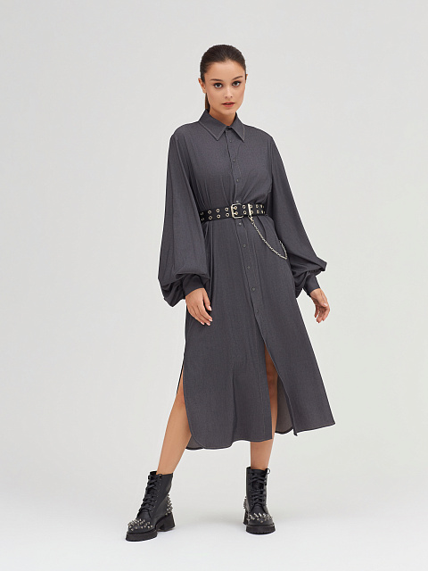 Черное хлопковое платье-рубашка с объемными рукавами, 4