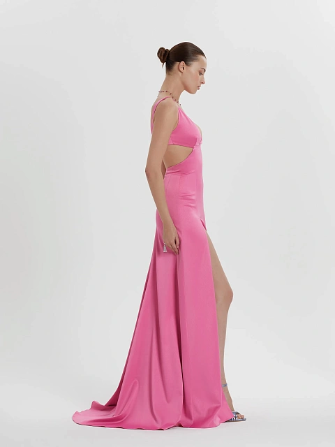Розовое платье-макси из атласа с вырезами и шлейфом, 7