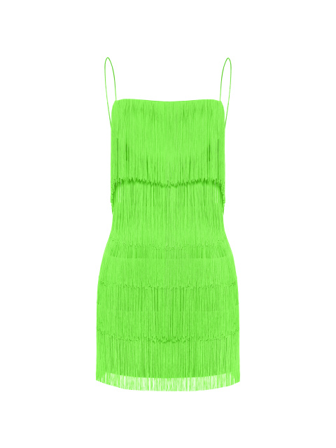 Неоново-зеленое платье-мини с бахромой, 1