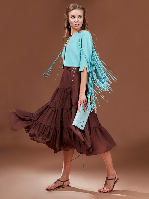 Бирюзовый жакет из замши с бахромой и вышивкой на спине, 5