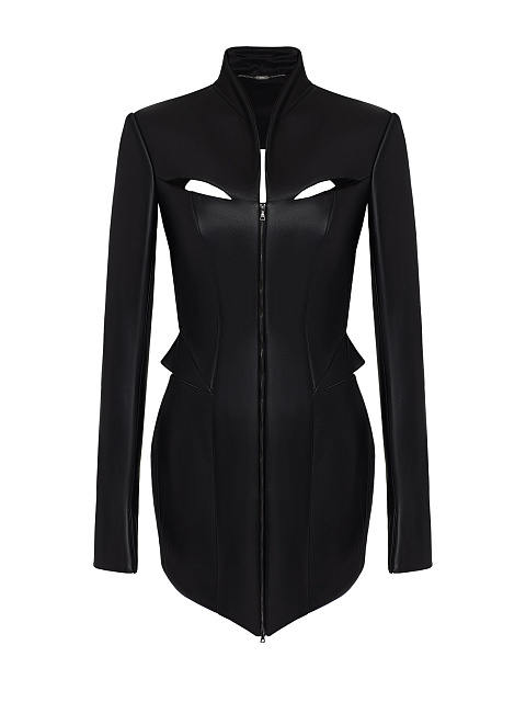 Черное платье-мини из кожи с разрезами, 1