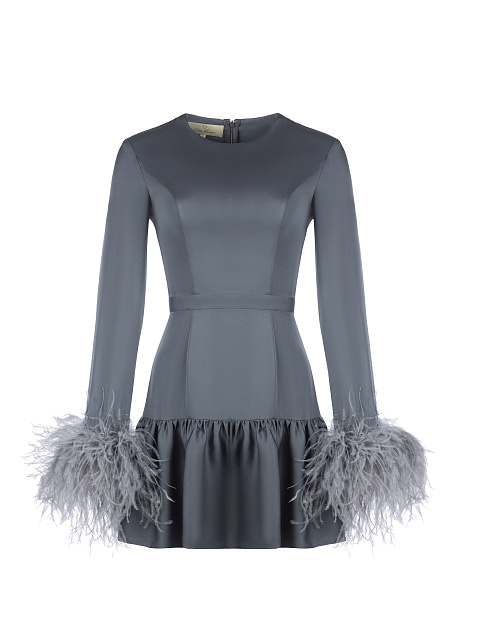 Серое платье-мини из вискозы и шелка с боа, 1 Серое платье-мини из вискозы и шелка с боа, 1