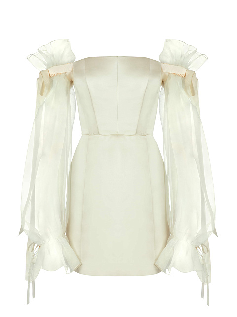 Молочное платье-мини с объемными рукавами из органзы, 1