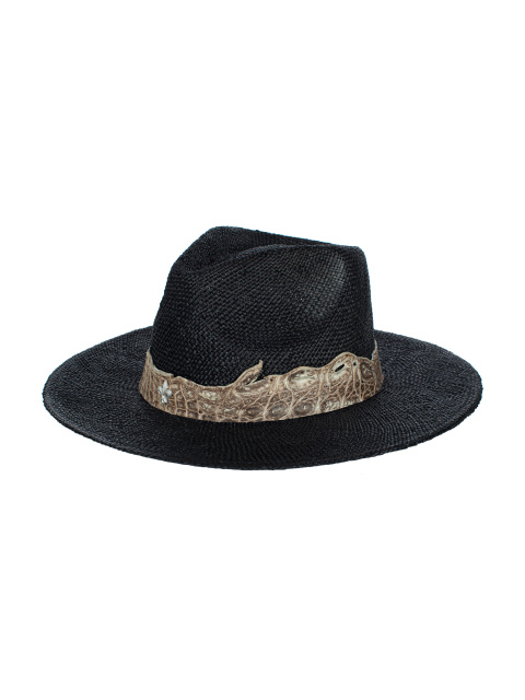 Черная соломенная шляпа с отделкой из коричневой кожи крокодила, 1