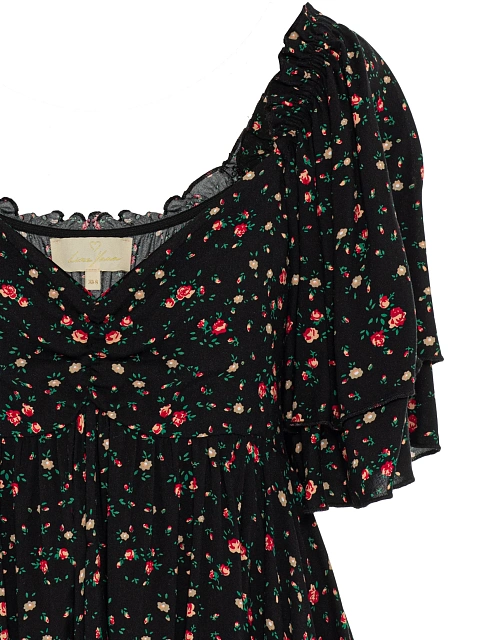 Черное платье-мини из хлопка с цветочным принтом и воланами, 3