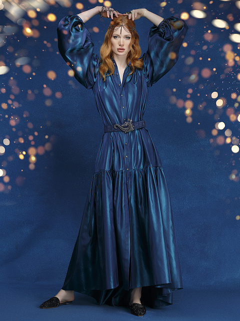 Синее шелковое платье с рукавами-фонариками, 3 Синее шелковое платье с рукавами-фонариками, 3