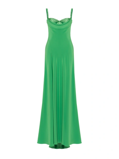Зеленое платье-макси из шелка с открытой спиной и стразами, 1