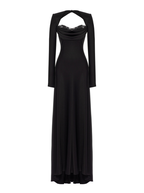 Черное платье-макси из шелка с открытой спиной и стразами, 1