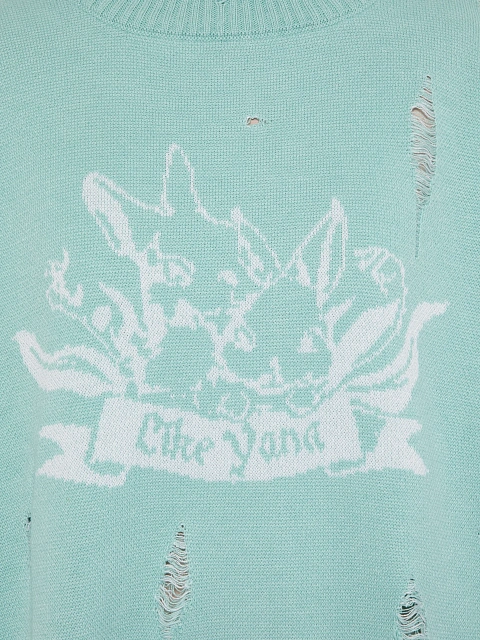 Мятный свитер из хлопка с принтом и дырками, 4