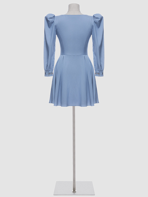 Платье из голубой тонкой джинсы, отрезная талия, вырез каре,вышивка манжет, карманы, планка,складки, 2