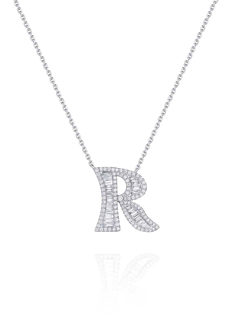 Колье с кулоном из белого золота и бриллиантов в виде буквы R, 1