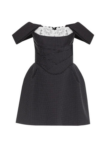 Черное платье-мини из хлопка в горошек с кружевом, 2