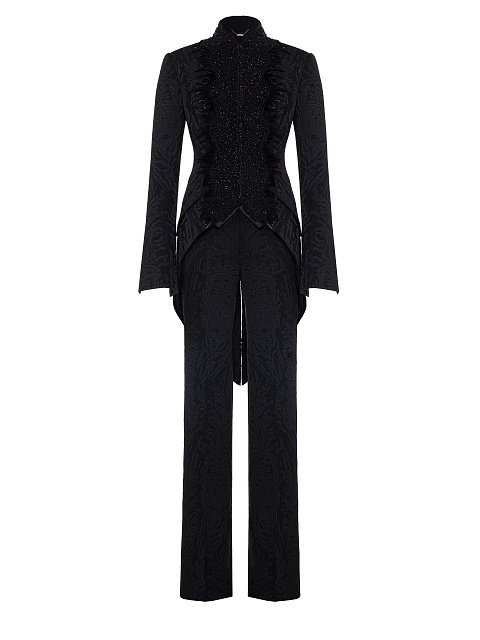 Черный костюм-тройка из жаккарда с кружевом и перьями, 1
