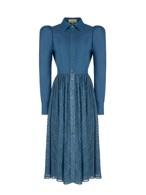 Синее платье-миди из денима и шифона, 1
