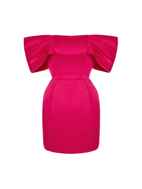 Розовое атласное платье-мини с открытыми плечами, 1
