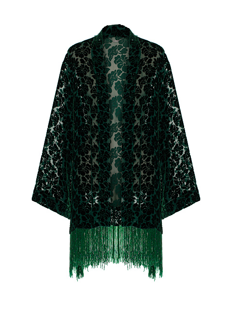 Зеленый халат из бархата с цветами и бахромой из бисера, 3