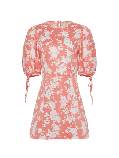 Коралловое хлопковое платье-мини с цветочным принтом, 1