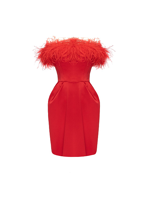 Красное платье-мини с боа из перьев, 1