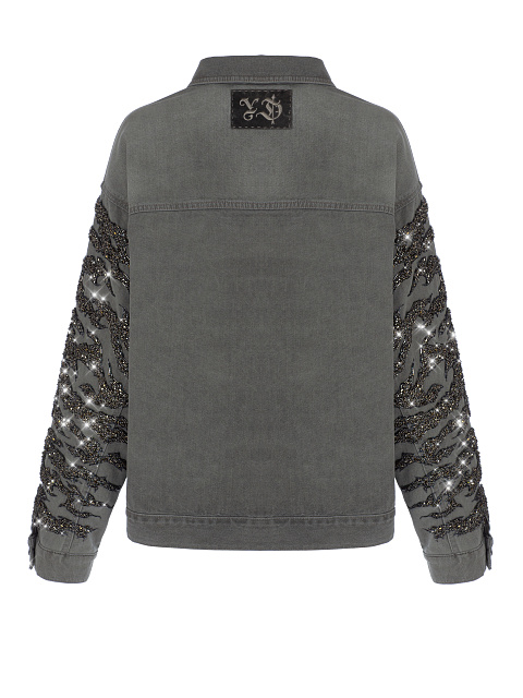 Серая джинсовая куртка с вышивкой, 2