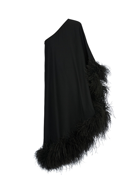 Черное асимметричное платье-миди с боа, 1