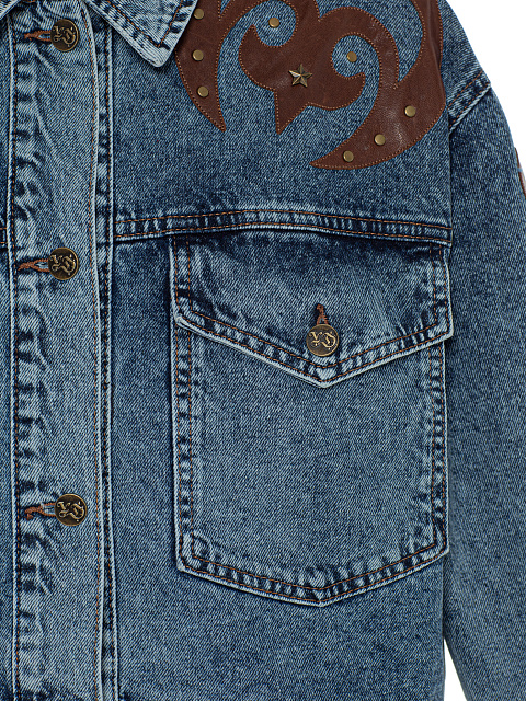 Синяя куртка из денима с отделкой из кожи, 3