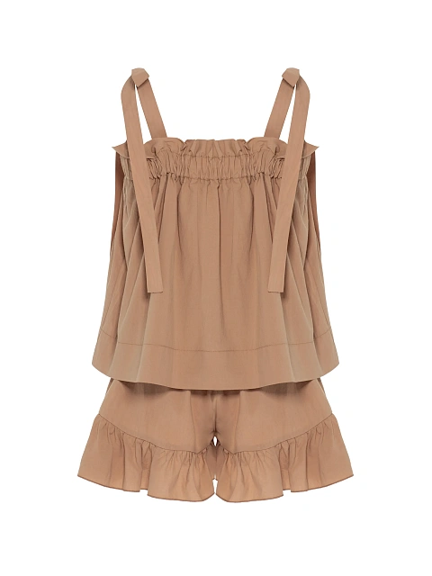 Коричневый комплект из топа на завязках и шорт с рюшами, 2