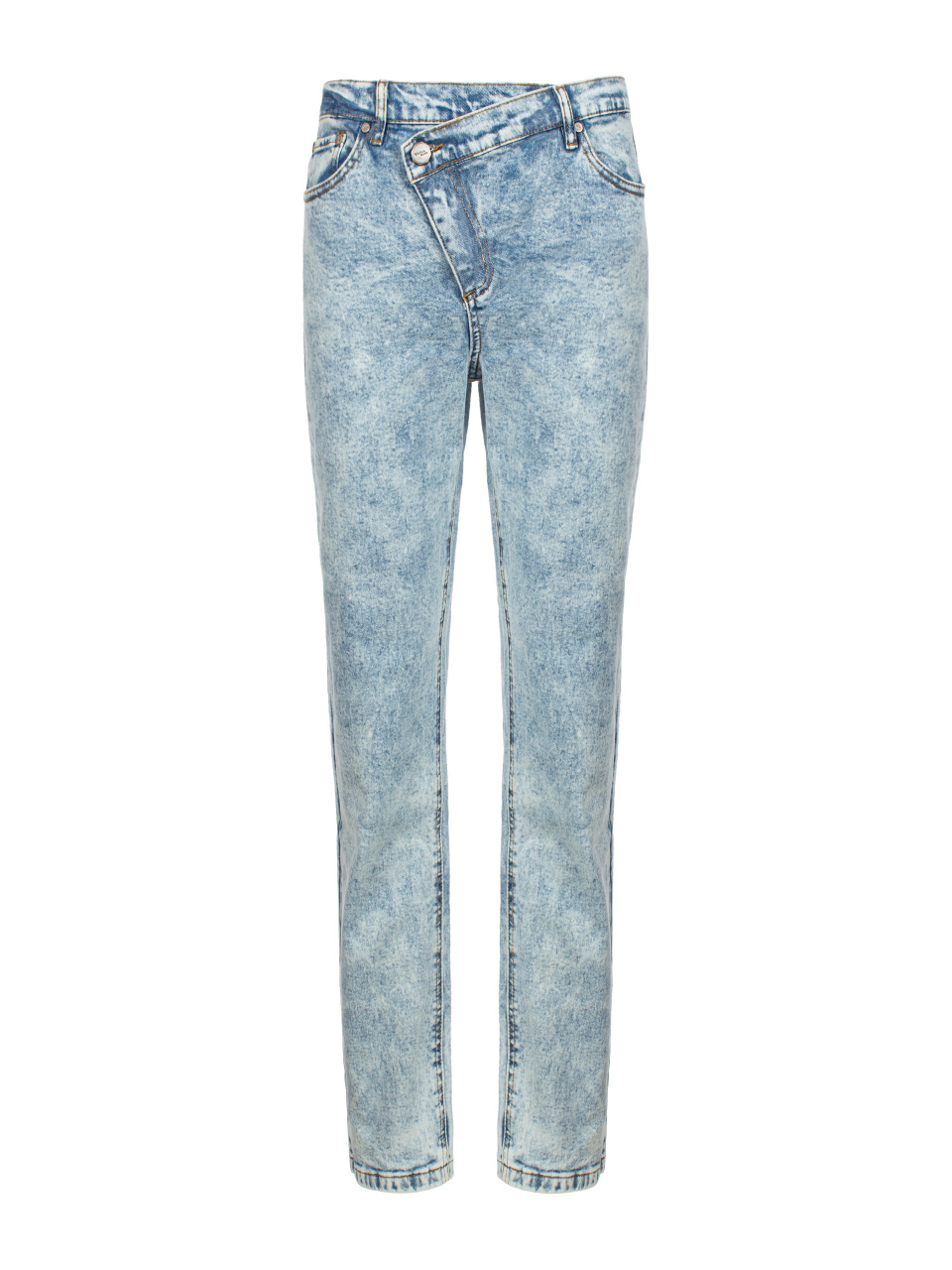 Голубые вареные джинсы с асимметричной застежкой, 1