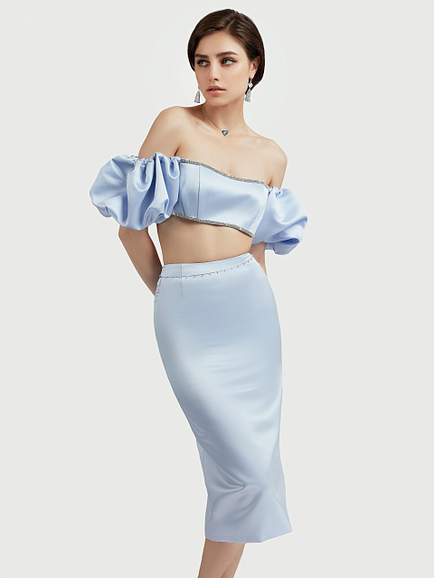 Голубой атласный топ с рукавами-фонариками и стразами, 5