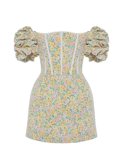 Желтое платье-мини из сетки и хлопка с цветочным принтом, 1