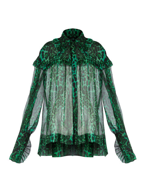 Зеленая шифоновая блузка с леопардовым принтом, 1