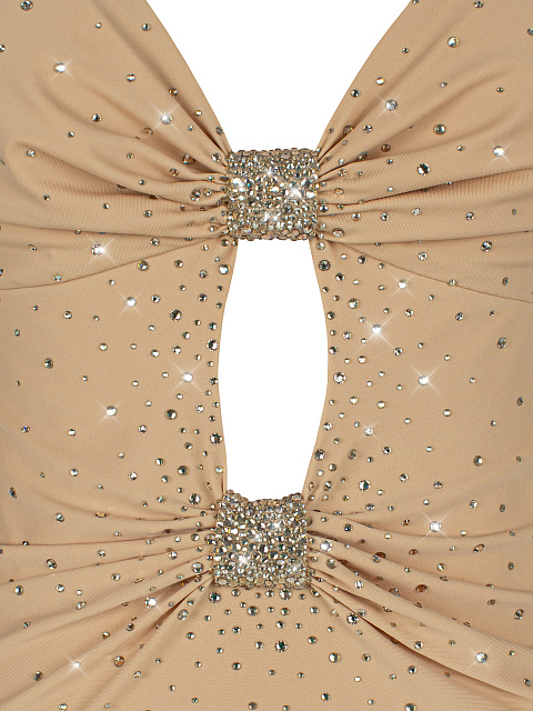 Бежевое платье-макси с фигурным вырезом и стразами, 3