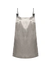 Платье-сорочка мини из серебристо-серого атласа, бретели украшены стразами и бантиками