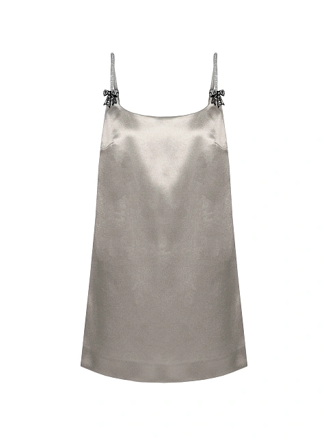 Серебристое платье-мини из атласа с бантами из страз, 1