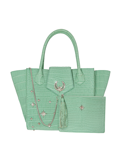Зеленая сумка из крокодиловой кожи с полумесяцем и звездами из серебра, 4