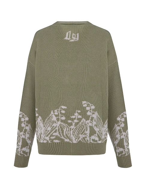 Оливковый оверсайз кардиган с ландышами, 2