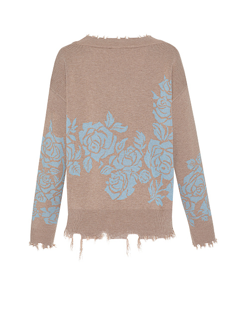 Бежевый пуловер с V-образным вырезом и розами, 2