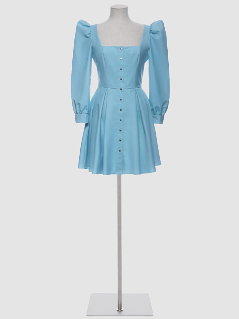 Платье из бирюзового хлопка, отрезная талия, вырез каре,карманы, планка,складки, 1