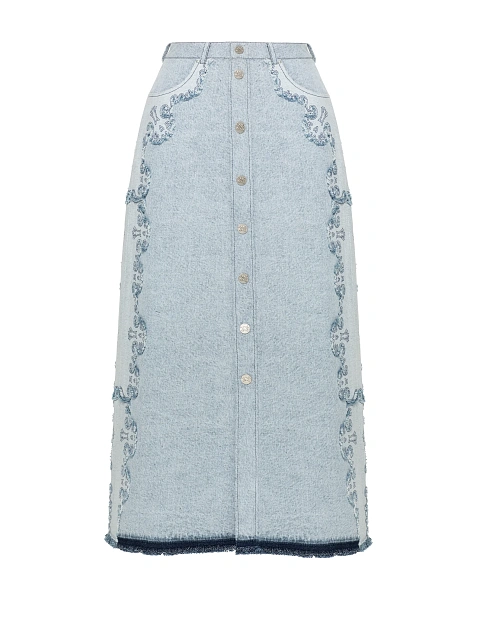 Голубая юбка-миди из денима с вышивкой и бахромой, 1