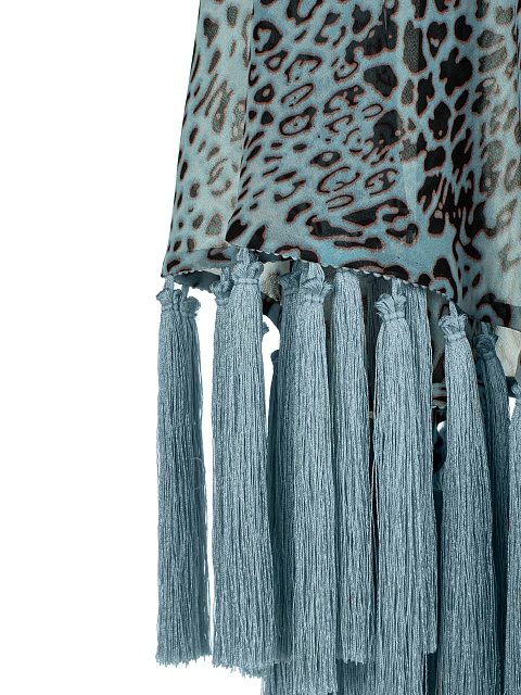 Голубое пончо из шифона с леопардовым принтом и бахромой, 4