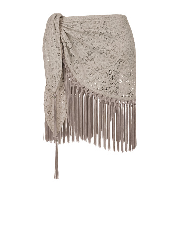 Бежевая юбка-мини из кружева с бахромой, 1