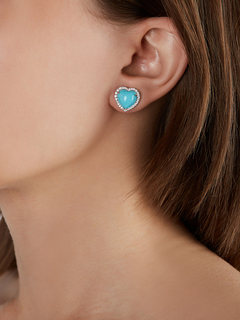 Серьги-гвоздики из белого золота с бирюзой огранки «сердце» и бриллиантами круглой огранки, 2