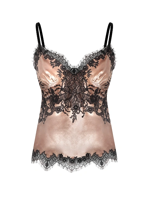 Бежевый топ из бархата с черным кружевом, 1