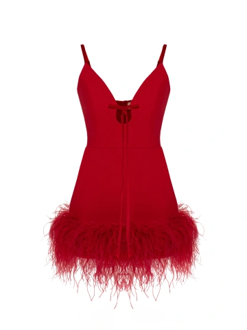 Красное платье-мини из трикотажа с боа, 1