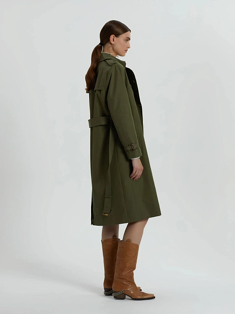Двубортный тренч цвета хаки с поясом, 5