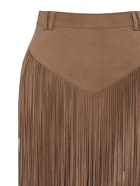 Бежевая юбка-миди из замши с бахромой, 3